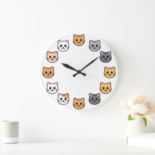 Cute Cartoon Cat Faces Kawaii Feline Wall Clock Große Wanduhr (Zuhause)