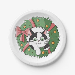 Cute Cartoon Cat in Christmas Wreath Pappteller