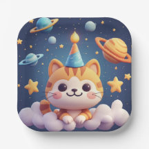Cute Cartoon Cat On Cloud With Party Hat