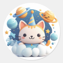Cute Cartoon Cat On Cloud With Party Hat