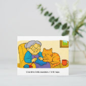 Cute Cartoon Cat Resting on Knitting Grandma Postkarte (Stehend Vorderseite)