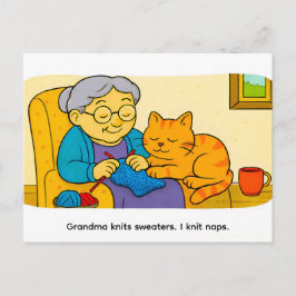 Cute Cartoon Cat Resting on Knitting Grandma Postkarte