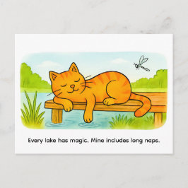 Cute Cartoon Cat Resting on Wooden Dock Postkarte