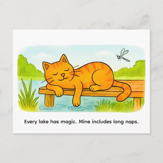 Cute Cartoon Cat Resting on Wooden Dock Postkarte (Vorderseite)