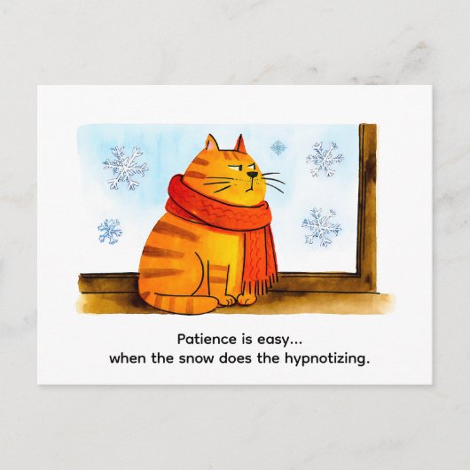 Cute Cartoon Cat Sitting at Snowy Window Postkarte (Vorderseite)
