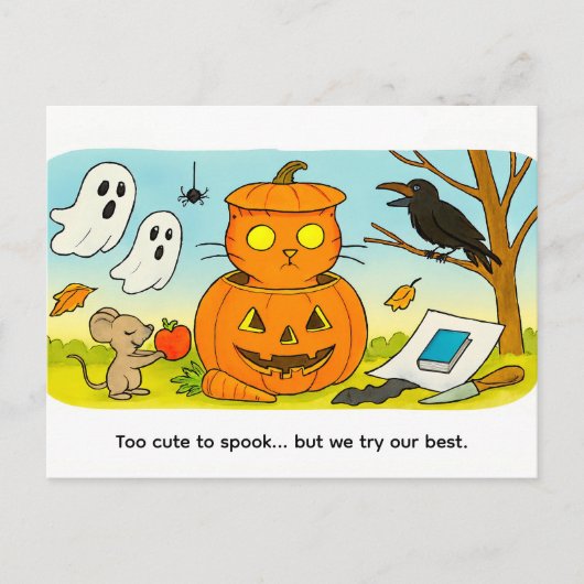 Cute Cartoon Cat Sitting in Pumpkin Costume Postkarte (Vorderseite)