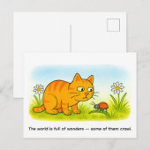 Cute Cartoon Cat Watching Ladybug in Meadow Postkarte (Vorne/Hinten)