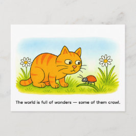 Cute Cartoon Cat Watching Ladybug in Meadow Postkarte