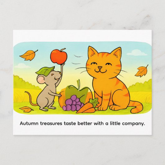 Cute Cartoon Cat With Mouse and Heart Balloon Postkarte (Vorderseite)