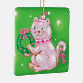 Cute Cartoon Christmas Cat Holding Wreath Keramikornament (Rechts)