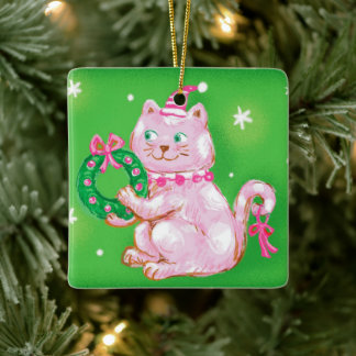 Cute Cartoon Christmas Cat Holding Wreath Keramikornament