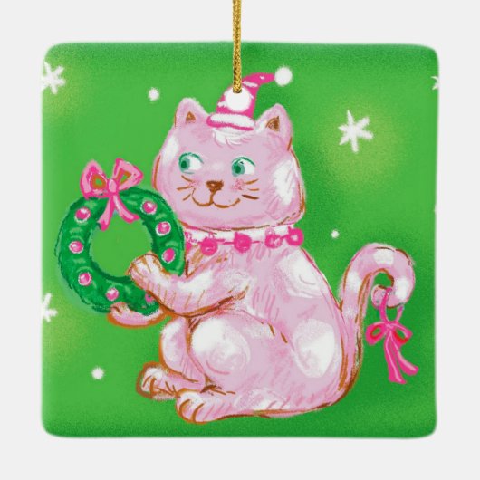 Cute Cartoon Christmas Cat Holding Wreath Keramikornament (Rückseite)