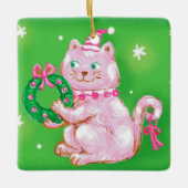 Cute Cartoon Christmas Cat Holding Wreath Keramikornament (Vorderseite)