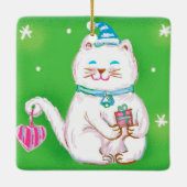 Cute Cartoon Christmas Cat Wearing a Santa Hat Keramikornament (Rückseite)