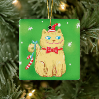 Cute Cartoon Christmas Cat with Santa Hat Keramikornament
