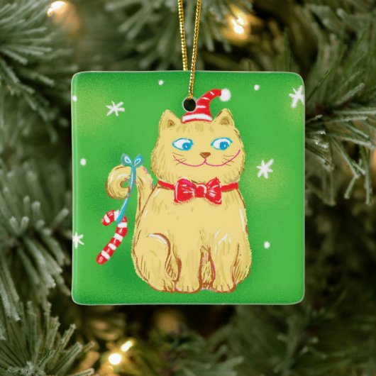 Cute Cartoon Christmas Cat with Santa Hat Keramikornament (Baum)