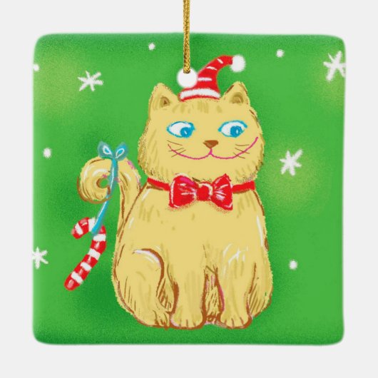 Cute Cartoon Christmas Cat with Santa Hat Keramikornament (Rückseite)