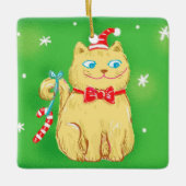 Cute Cartoon Christmas Cat with Santa Hat Keramikornament (Vorderseite)