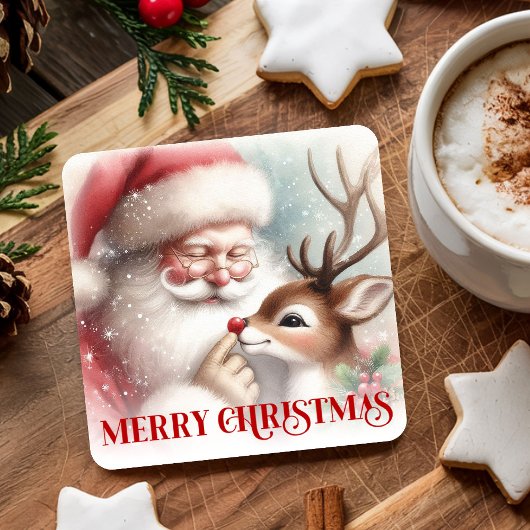 Cute Cartoon Christmas Coasters Santa and Rudolph Rechteckiger Pappuntersetzer