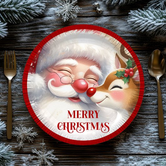 Cute Cartoon Christmas Plates Santa and Rudolph Pappteller