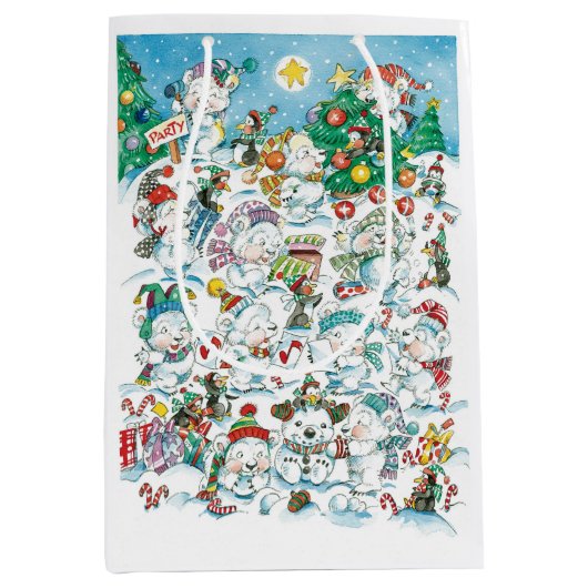 Cute Cartoon Christmas Polar Bear Penguin Party Mittlere Geschenktüte (Vorderseite)