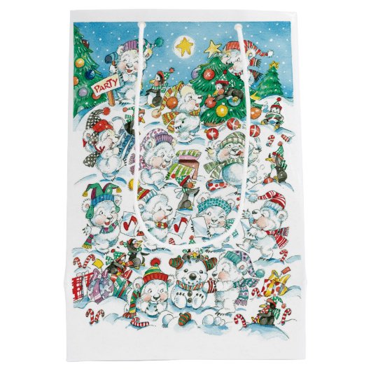 Cute Cartoon Christmas Polar Bear Penguin Party Mittlere Geschenktüte (Rückseite)