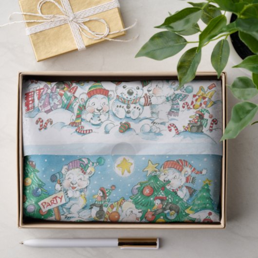 Cute Cartoon Christmas Polar Bear Penguin Party Seidenpapier (Geschenk)