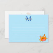 Cute Cartoon Crab Blue Ocean Lined Monogram Mitteilungskarte (Vorne/Hinten)