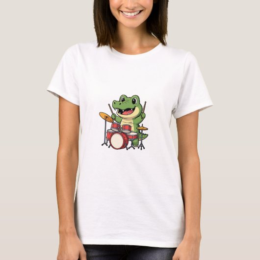 Cute Cartoon Crocodile Drummer Mascot T-Shirt (Vorderseite)
