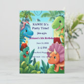 Cute Cartoon Dinosaur "RAWR! It's Party Time!" Boy Einladung (Stehend Vorderseite)
