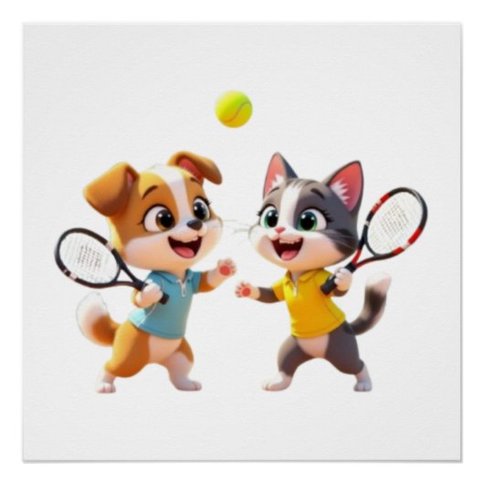 Cute Cartoon Dog and Cat Playing Padel Tennis – Fu Poster (Vorderseite)