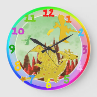 Cute Cartoon Dragon Rainbow Colors Große Wanduhr