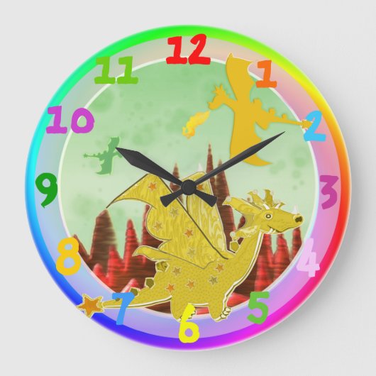 Cute Cartoon Dragon Rainbow Colors Große Wanduhr (Vorderseite)
