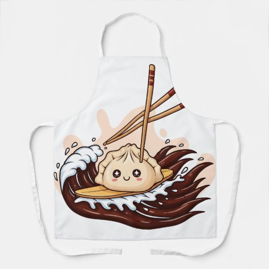 Cute Cartoon Dumpling Surfing on a Soy Sauce Wave Schürze (Vorderseite)