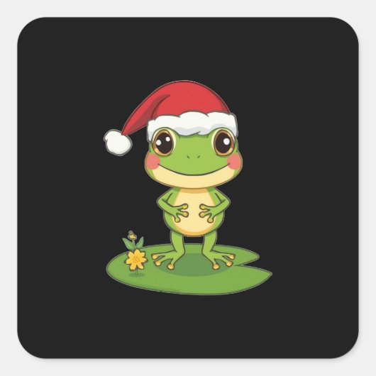 Cute Cartoon Frog Character Wearing a Santa Hat on Quadratischer Aufkleber (Vorderseite)