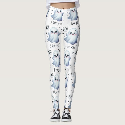 Cute Cartoon Ghost Pattern with Boo Speech Bubbles Leggings (Vorderseite)