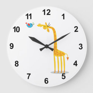 Cute cartoon giraffe and bird große wanduhr