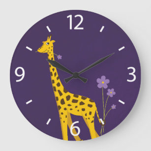 Cute Cartoon Giraffe Flowers Purple Große Wanduhr