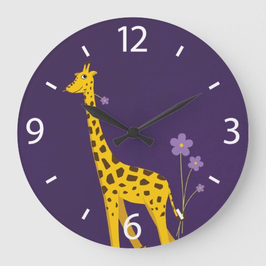 Cute Cartoon Giraffe Flowers Purple Große Wanduhr (Vorderseite)