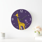 Cute Cartoon Giraffe Flowers Purple Große Wanduhr (Zuhause)