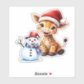 Cute Cartoon Giraffe with Santa Hat & Snowman Clas Aufkleber (Blatt)