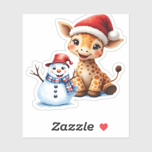 Cute Cartoon Giraffe with Santa Hat & Snowman Clas Aufkleber (Blatt)