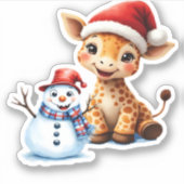 Cute Cartoon Giraffe with Santa Hat & Snowman Clas Aufkleber (Vorderseite)