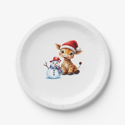 Cute Cartoon Giraffe with Santa Hat & Snowman Clas Pappteller (Vorderseite)