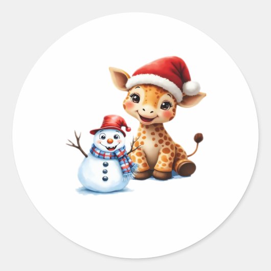 Cute Cartoon Giraffe with Santa Hat & Snowman Clas Runder Aufkleber (Vorderseite)