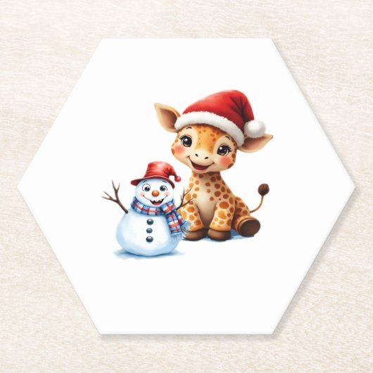 Cute Cartoon Giraffe with Santa Hat & Snowman Clas Untersetzer (Vorderseite)