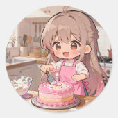 Cute Cartoon Girl Making a Cake Runder Aufkleber (Vorderseite)
