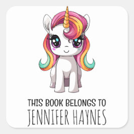 Cute Cartoon Girls Rainbow Unicorn Book Label Quadratischer Aufkleber