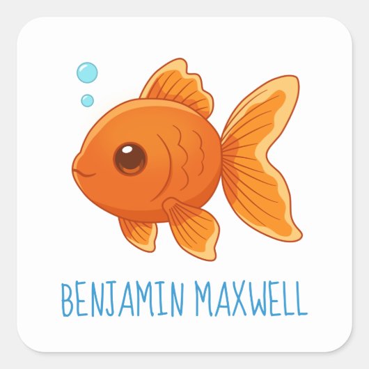 Cute Cartoon Goldfish Custom Name Quadratischer Aufkleber (Vorderseite)