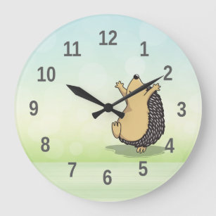 Cute Cartoon Hedgehog Green Numbers  Große Wanduhr